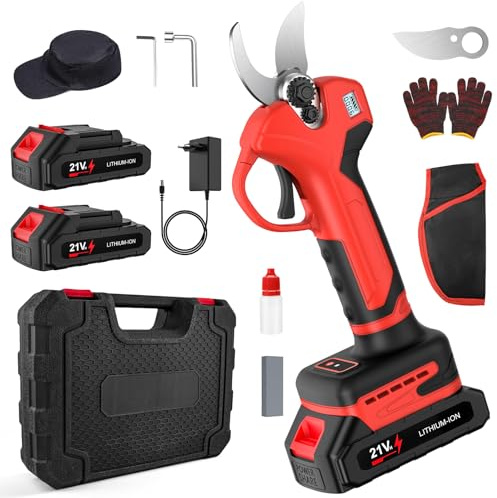 Forbice Potatura a Batteria, 30 mm Cesoie Potatura Elettriche Professionali con 2 Batterie, Motore senza Spazzole, Display LED, Serratura di Sicurezza, Forbici Potatura per Giardini, Fruttetti (Rosso)