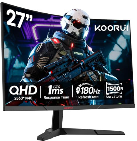 KOORUI 27 Zoll Gaming Monitor QHD (2560x1440) | 180 Hz Bildschirm | 1 ms | Adaptive-Sync | HDMI & DP Kabel | VESA kompatibel