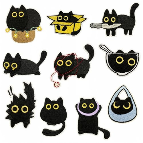 10 parches de bordado, gato negro bordado, costura/planchado/autoadhesivo. Emparejado con pegatinas autoadhesivas, cortado a lo largo de la forma del parche para uso autoadhesivo. Adecuado para ropa