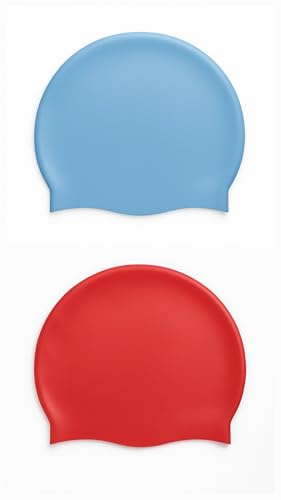 2 Pieces 100% Silicone Swim Cap Adult One Size Unisex Men Women Waterproof Stretchable Anti-slip Anti-tear Snag Free for Short to Long Hair Multiple Colours Available (Light Blue & Red)
