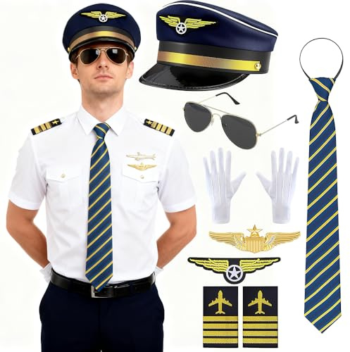 Afenau Accesorios de disfraz de capitán piloto, 9 unidades, kit de disfraz de piloto con gorro de piloto, charreteras, rayas, insignias, medalla, gafas de sol, corbata, guantes para fiestas y