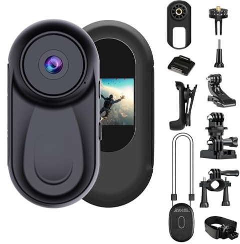 OBEST Mini Camara Accion Visión Nocturna 360 Cámara Deportiva Bodycam Casco Moto 1080P Cámaras Corporal con Pantalla 0,85, Camera Vlog POV Video para Actividades Diario, Acc multifunción Negro
