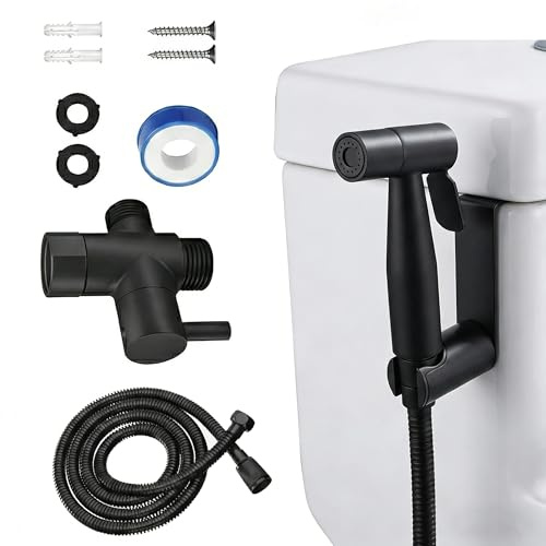 Grifo Bidet para WC Ducha Higiénica de Acero Inoxidable con Manguera 1.5m, para Higiene Personal y Limpieza de Mascotas Incluye Adaptador G1/2 (Negro)