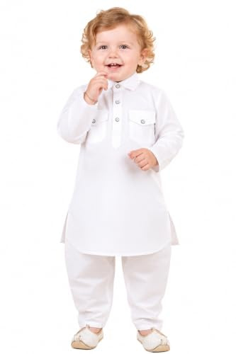 A.T.U.N. (All THINGS UBER NICE) Pathani kurta-set för barn, bomull, mjuk, bekväm, etnisk, indisk dräkt med klassisk passform, kulturell och festliga barnkläder, vit, 6–7