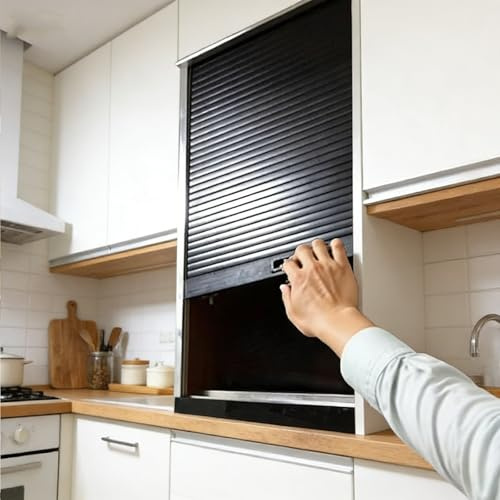 Black ABS Kitchen Cabinet Tambour Door,Wxh_18x34 (45.7x86.4cm) Flexible Roll Up Partition Gate Window, Privacy Roller Door， Retractable Closet Doors with Track for Cupboard Vanity Cabinet
