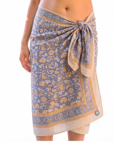 Pareo de algodón Premium con Estampado de Bloques para Mujer: Suave y Ligero, Ideal para Cubrir el Bikini o el Traje de baño, o como Falda Pareo Estilo Boho para el Verano, Viajes y la Playa.