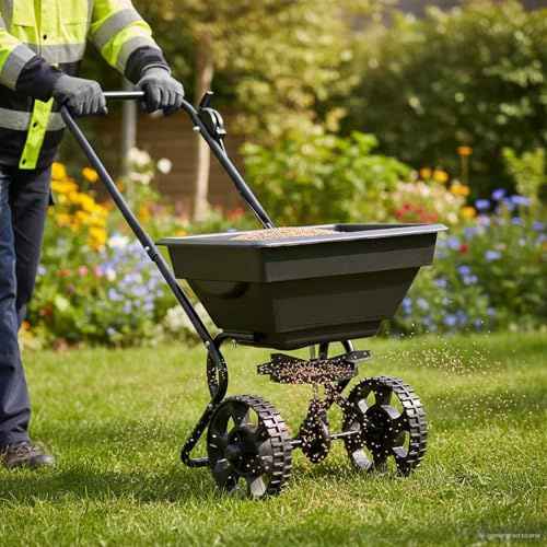 LoogCape Carro esparcidor industrial negro 82 x 46 x 75 cm de PVC resistente y acero para jardín, semillas de césped, fertilizantes, sal, arena, cal, gránulos, servicio de invierno, uso universal