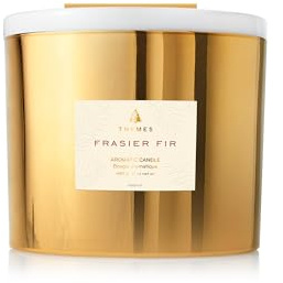 Thymes Frasier Fir Gilded Gold 3-Wick Candle - Scented Candle with a Crisp Just-Cut Forest Fragrance - Luxury Home Fragrance - Elegant Holiday Candle - Gold Jar Candle (17 oz)