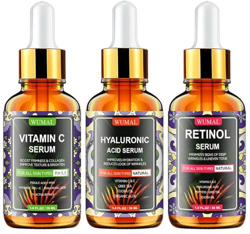 Wumal 3 Pack Face Serum Set - Includes Vitamin C, Retinol & Hyaluronic Acid - Firming, Brightening & Hydrating - Reset Your Skin Day and Night