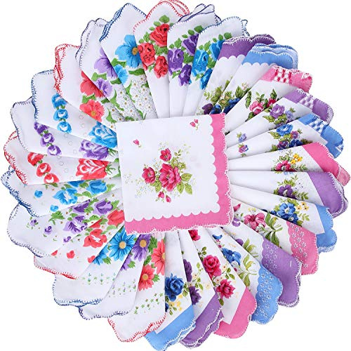 30 Pieces Cotton Handkerchiefs, Women Hankies with Vintage Floral Print, Ladies Tea Party Hanky with Wavy Edge for Gifting, Weddings, Home Decoration
