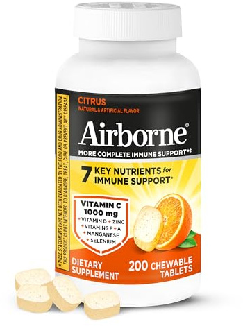 Airborne Citrus Chewable Tablets, 200ct | Immune Support Supplement with 1000mg Vitamin C + Vitamins A, D, E, Zinc,Selenium, & Manganese | Herbal Blend | Gluten Free