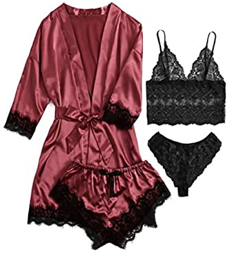 AudMsier Pijama De Satén De Cuatro Piezas para Mujer, Ropa Interior De Encaje, Bata Corta con Cinturón, Ropa De Seda (Vino Rojo, L)