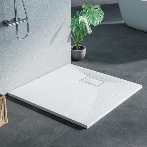 Heilmetz Duschwanne 90x90cm Flach Duschtasse Höhe 2.6 cm Brausewanne Steinoptik Antirutsch SMC Duschtasse, Ø 90mm Ablauföffnung -Weiß (ohne Siphon)