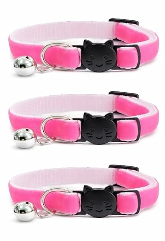 Velvet Cat Collars with Bell. Safe Breakaway Quick Release Buckle. Available in Cat & Kitten Size (Pack of 3) (Kitten Collar (15cm - 23cm), Neon Pink Velvet (Pack of 3))