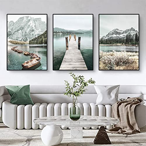 3er Poster Set, Moderne Bergen Seen und Blumen Bilder Set, Natürliche Landschaftsbilder Wandbilder für Wohnzimmer Wanddeko, ohne Rahmen (A,40x50cm)