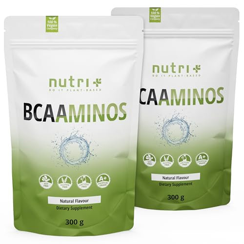 Nutri + BCAA Pulver Neutral 600g - Höchstdosierte BCAAminos ohne Süßstoff, Zucker und Zusatzstoffe - Natural BCAAs sind essentielle Aminosäuren - Vegan Instant Powder unflavored, 2 Packung