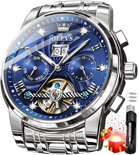 OLEVS Reloj de pulsera automático para hombre con diseño de diamantes de lujo dorado, de cuerda automática, esqueleto mecánico Tourbillon de acero inoxidable, 9910: TODO AZUL, reloj de vestir de lujo