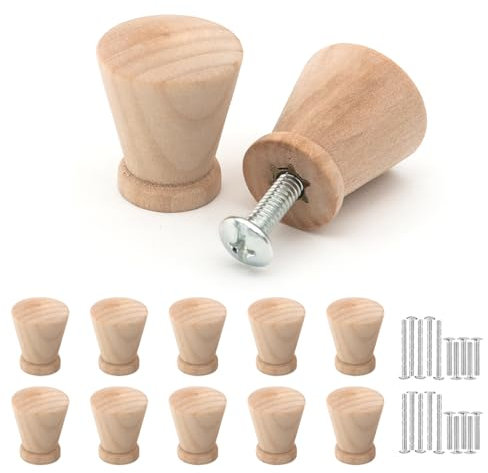 Misuyue 10 Stück Möbelknöpfe Holz, Holzknöpfe Kommode Schrankknöpfe mit Schrauben, Konisch Holzgriffe für Schränke, Holzknauf für Vintage Schubladenschrank Holzgriffe Einfach und Schön