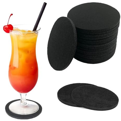 YOYEAH Lot de 16 dessous de verre ronds en feutre résistant à la chaleur, lavable et antidérapant pour tasses, bière, bar, table, noir.