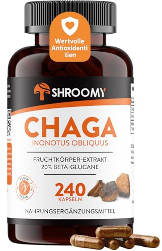 SHROOMY Chaga (Inonotus obliquus) Kapseln – 240 Stück – 40% Polysaccharide & 20% Beta-Glucan – vegan