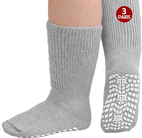 ZFSOCK Chaussettes Diabétiques Antidérapantes Homme: Femme Sans Elastique Sans Couture Non Comprimantes Amples Socquettes Coton Mi-mollet Gris 3 Paires 39-46