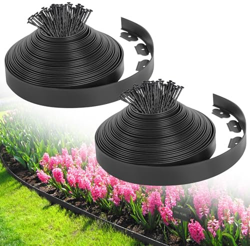 2-Inch x 80 FT Landscape Edging Border with 125 Spikes, Garden Edging Border Lawn Edging Kit, Plastic Edging for Landscape Flexible for Garden Flower Beds Lawn Yard Pathway (Black)