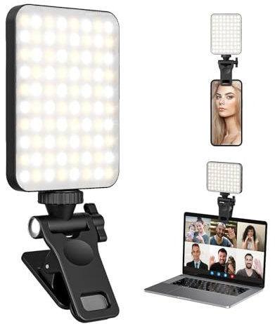 Gevvnss Luz de Video Recargable,80 Leds Luz para Movil con Clip,3000-6500K CRI 90 Recargable 2000 mAh,3 Modos de Luz Selfie para Teléfono Móvil,Videoconferencia,Cámara
