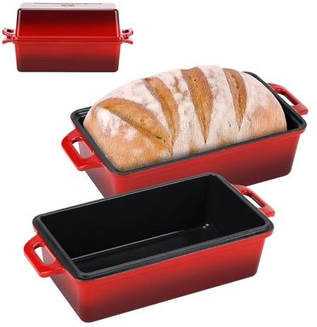 Northriver Casting 9x5 Inch Enameled Cast Iron Loaf Pan with Lid, Perfect Bread Baking Pan | Even Heat Distribution for Homemade Bread, Cake, Meatloaf，2 Piece set，Red