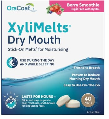 XyliMelts Dry Mouth Relief Discs Berry Smoothie (40 Count) – Xylitol Oral Adhering Tablets for Day or Night, Long-Lasting Dry Mouth Relief & Saliva Support