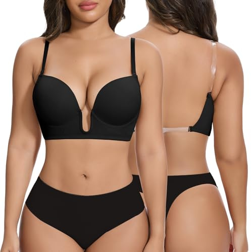 Joyshaper Low Back Bra for Women Plunge U Neck Underwire Push Up Brassieres Backless Bralettes for Wedding Party, Black, S