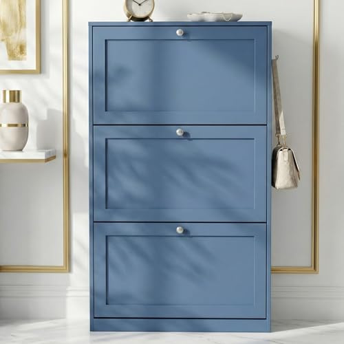 Blisswood Shoe Cabinet, Wooden Shoe Storage Unit with 3 Flip Drawers, Freestanding Shoe Rack Organiser, Space Saving Cupboard with Adjustable Shelves for Entryway, Living Room, Hallway Furniture_Blue