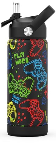 Ntswasd Trinkflasche Edelstahl Strohhalm-Thermosflasche 550ml-BPA Frei-Auslaufsicher-Thermo Wasserflasche für Schule,Sport,Kinder,Fitness(Spiel)