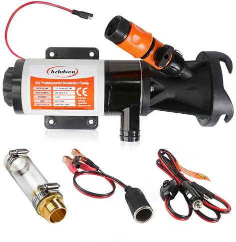 Bomba de residuos maceradora portátil de 12 V RV para aguas residuales, succión de 12 GPM, elevación de 3 pies con puerto de descarga de manguera de jardín, bomba de liberación de aguas residuales