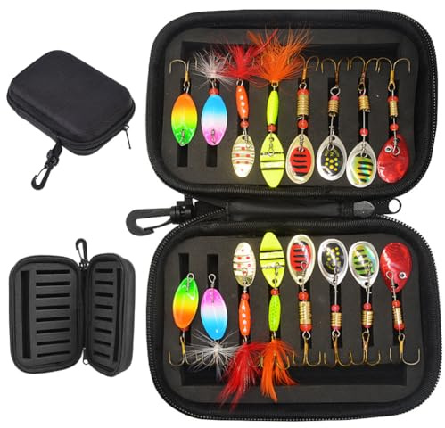 Lot de 16 cuillères à truite - Accessoires de pêche - 3 g/3,5 g/4,6 g/5 g/5,2 g - Leurres artificiels - Avec boîte de rangement - Pour truite, perche, brochet, sandre
