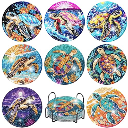 8 Stück Diamond Painting untersetzer with Holde- Turtle Design DIY Bastelset für Basteln Erwachsene & Anfänger, für Wohndekoration (Geschenkidee zum Geburtstag/Weihn)