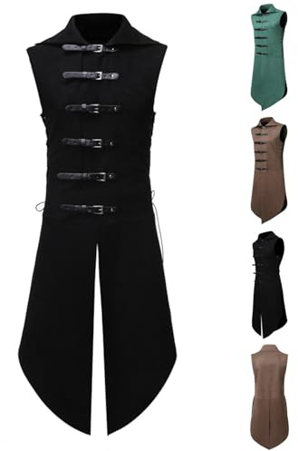 Men's Steampunk Suede Leather Waistcoat Mens Gothic Faux Leather Buckle Vest Medieval Side Adjustable Strap Waistcoat Victorian Sleeveless Long Tank Tops Renaissance Retro Pirate Costume