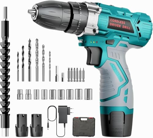 PONOSEU 12V Akkuschrauber Set, 25 Nm Drehmoment, 2×2000mAh Akku, 25+3 Drehmomentstufen, 24-tlg Zubehör & Tragetasche – Ideal für Haushalt, DIY-Projekte & Möbelmontage