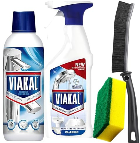 Limescale Removing Bundle Set– Viakal Original Limescale Remover Spray 500ml & Cleaning Liquid 500ml with Crevice Brush & Scrub Sponge for Bathroom, Shower & Toilet Cleaner Set