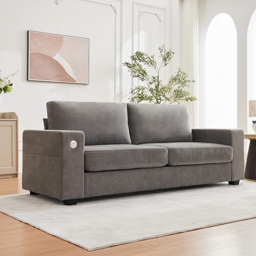 IDEALHOUSE 90 Modern Couches for Living Room, Chenille Fabric Loveseat Sofa with USB & Type-c Charging Ports, Removable Cushion Cover, Side Pocket, Sturdy Wood Frame, for Apartment or Home, Grey