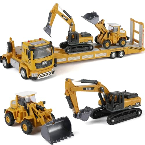 SHINESIGNAL Kids Construction Truck Vehicles Toys 3 Set, Inertial Driving Metal Semi Truck Trailer and Diecast Excavator Bulldozer with Lights Sounds and Movable Parts Learning Toys Gift for Boys