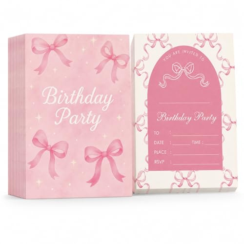 Birthday Party Invitations for Girls, 25Pcs Elegant Bow Birthday Party Invitaions, Pink Birthday Invitation Cards for Women, Double-Sided Bow Themed Birthday Party Decorations
