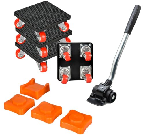 Kit Lève Meuble 9 Pièces pour Meubles Lourds, roulettes Pivotantes à 360 Degrés avec Barre d'Extension, 4 Roues et 4 Blocs de Levage, Charge Maximale 500 kg, pour Déménagement, Réfrigérateur, Canapé