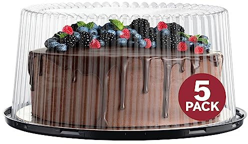 9 Plastic Disposable Cake Containers Carriers with Dome Lids and Cake Boards | 5 Round Cake Carriers for Transport | Clear Bundt Cake Boxes/Cover | 2-3 Layer Cake Holder Display Containers