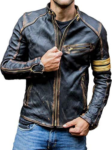 Chaqueta de cuero real para hombre | Cafe Racer Chaqueta de cuero negra para motocicleta | Con detalle vintage desgastado, Negro, XXL