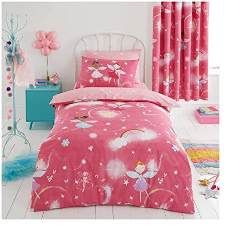 FAIRWAYUK Girls Bedding Set - Fairy Kids Duvet Cover Single Bed with Matching Pillowcase, Ultra Soft Reversible Quilt Covers, Bedroom Accessories, Pink 137x200cm