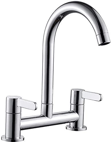 Kitchen Sink Mixer Taps, Brushed Kitchen Tap, Chrome Dual Lever 1/4 Turn Lever Control, 360° Swivel Spout 2 Hole Bridge Tap Cold and Hot Mixer Tap(Silver)
