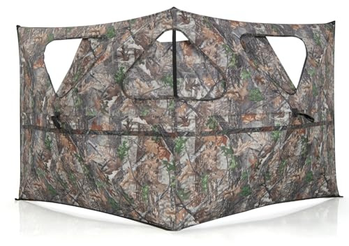 HAPPYGRILL Hunting Blind 2-Panel Pop Up Ground Hunting Blind with 3 Shoot Through Ports, Camo Concealment, Brush-in Loops, High Wind Stability, Easy-Setup Hunting Fence for Deer Turkey