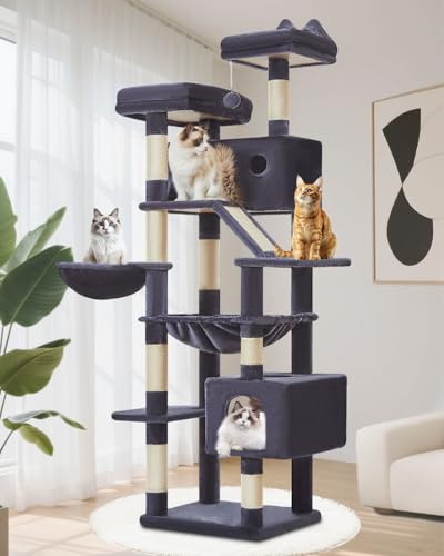 Taoqimiao Rascador para Gatos 180cm, Árbol para Gatos Grandes, 8 Postes de Sisal para Arañar, Panel Rascador, Hamaca Suave, 2 Plataformas Acolchadas Superiores, MS026LG Gris Oscuro