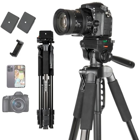 GCJUYA 81 inch/206cm Tall Camera Tripod with Phone Holder for Smartphone, Aluminum Stand with 3-Way Pan Head for DSLR DV Projector Cell Phone Vlog