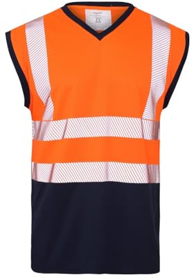 Grunge Wear® Hi Vis Viz Work Utility Sleeveless V-Neck T-Shirt Warning Vest | High Visibility Safety Security Workwear Double Tape Tank Top (Orange Navy V-Neck, X-Large)